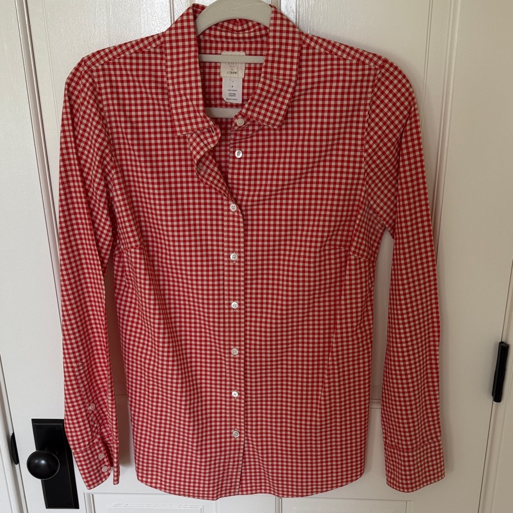 J Crew Orange and Ivory Gingham Button-Up Shirt